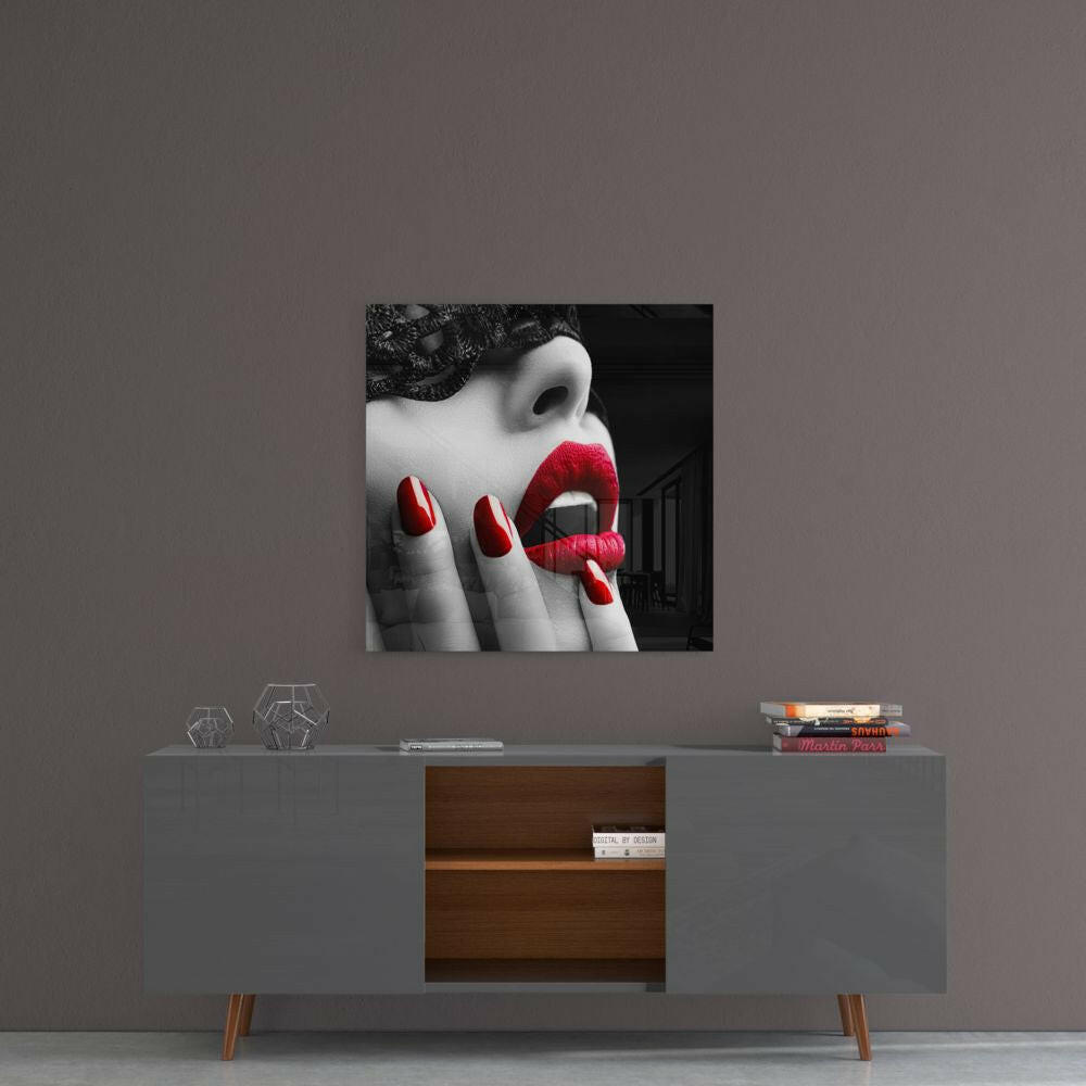 Red Lipstick Woman Glass Wall Art